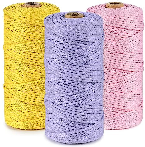 ilauke - Set di 3 filati di cotone macramè, 3 mm, per progetti fai da te, 3 x 100 m, corda di cotone per arazzo da parete macramè, acchiappasogni, fioriere, Viola + rosa + giallo