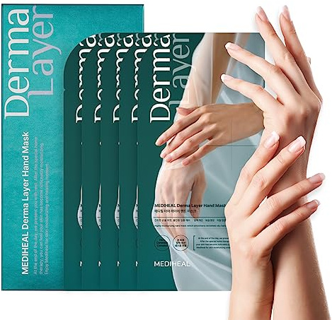 Mediheal Derma Layer Hand Mask (5 Packs) for Dry, Cracked, Roughfnessm Dullness, Damaged Skin Care with Hyaluronic Acid 3 Layers Structure