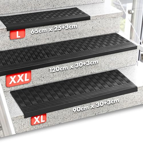 KARAT Alfombra para escalones de goma, juego de 5 unidades, 30 x 120 cm, resistentes a la intemperie y antideslizantes, alfombrilla de goma para peldaños para exteriores, alfombrilla antideslizante