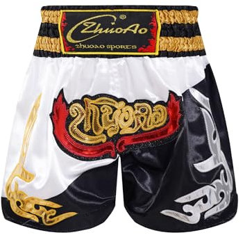 Fldy Kinder Jungen MMA Boxing Shorts Muay Thai K1 Boxen Locker Retro Shorts Kampfsport Fitness BJJ Workout Käfigkämpfen Trainingshose Schwarz&Weiß 146-152