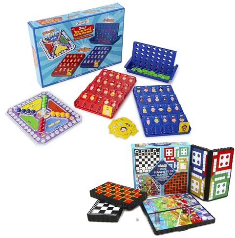 abeec Ultimate Travel Game Bundle, Featuring 4 Mini Magnetic Games - Chesee Snakes & Ladders, Ludo, Draughts + 3-in-1 Board Games - Pop & Hop, Four To Score & Whats Their Name