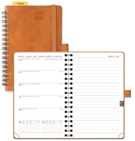 POPRUN Agenda De poche 2025 2026 A6 Semainier et Carnet de Notes D'Août 2025 à Déc 2026 Scolaire Petit Format 16 x 10,5 cm - Couverture Souple à Spirale, Papier 80g/m², Règle signet, Marron