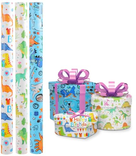 3 Rollos Papel Regalo - Papel Regalo Cumpleaños, 300×43cm, Hoja Estucado, Ideal para DIY, Fiestas de Cumpleaños y Eventos Festivos