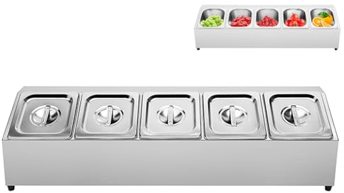 GUDBYWXB Spice Rack Shelf Inclined Seasoning Organizer Holder Stainless Steel Gastronorm Pan Holder - with 5 Buffet Food Containers with Lids, for Restaurants, Hot Pot Shops, Milk Tea Shops, Etc