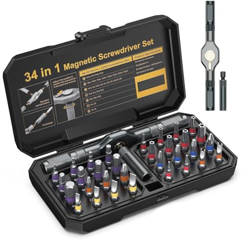 ORIA Set di Cacciaviti a Cricchetto, 34 in 1 Cacciavite Magnetico,Set Multi-Bit con Codice Colore, Kit di Strumenti di Riparazione di Precisione per Occhiali, Orologio, Campanello, PC, Mobili