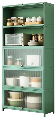 Credenza da cucina in bambù con ante trasparenti, elegante armadio con gambe alte, versatile, per cucina, soggiorno e corridoio, design ecologico