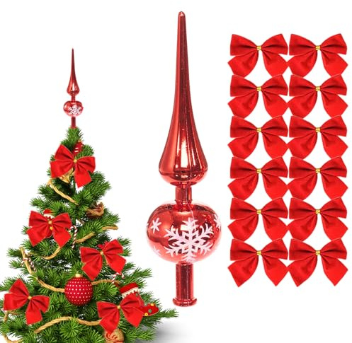Weihnachtsbaumspitze Rot Schneeflocke, 23cm Christbaumspitze für Tannenbaum & 12 Rote Weihnachtsbaum Schleifen, Baumspitze Weihnachten Rot Christbaumschmuck, Tannenbaumspitze Weihnachtsbaumschmuck