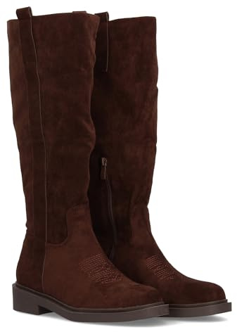 shoes&blues.es 97330 Bota Alta para Mujer Cowboy con Detalle de Bordado Frontal, Paneles Elasticos y Suela Plana. Ideal Temporada Otono Invierno. Marron Talla 36