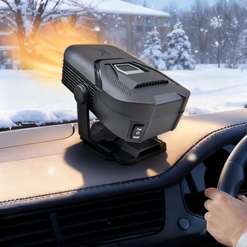 FAMINESS Car Heater 12V 150W Portable Car Heater Plug into Cigarette Lighter 2 Mode Heating Fan Quick Defroster Demister Defogger for Winter Windshield Cars SUVs & Old Vehicles Black
