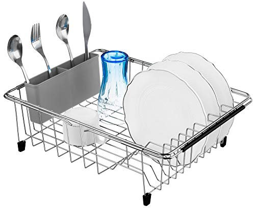 iPEGTOP Expandable Deep & Large Dish Drying Rack with Grey Utensil Cutlery Holder, Over The Sink, in Sink Or On Counter Dish Drainer, Rustproof Stainless Steel