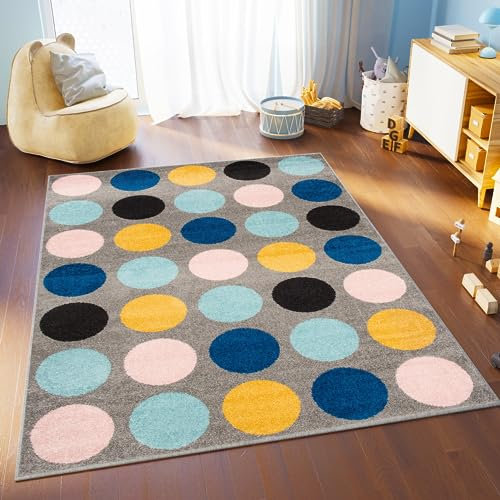 TAPISO Lazur Teppich Kinderteppich Kurzflor Geometrisch Punkte Kreise Grau Gelb Rosa Blau Jugendzimmer Kinderzimmer Modern Design ÖKOTEX 120 x 170 cm