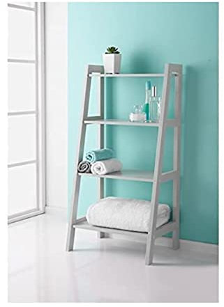 Saxony® 4 Tier Wooden Ladder Shelf – Grey Bathroom Storage Cabinet, Decorative Display Unit, Space-Saving Shelving Rack for Towels, Plants & Accessories