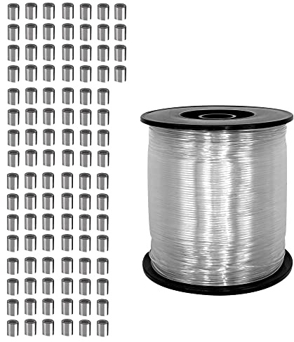 IDGGDI Clear Hanging Wire Kit, Invisible 1 mm Fishing Line Wire Holds up to 100 Lbs, 656 Feet Strong Nylon with 100 PCS Aluminum Crimping Sleeves for Picture Frame,String Light, Flowerpot, Craft