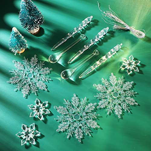 Acryl Schneeflocken Weihnachtsbaum Eiszapfen Deko, 24 Stück Acryl Weihnachtsschmuck, Christbaumschmuck Baumanhänger Weihnachten Eiszapfen mit Seil für Weihnachtsbaum Party Dekorationen (4 Stil)