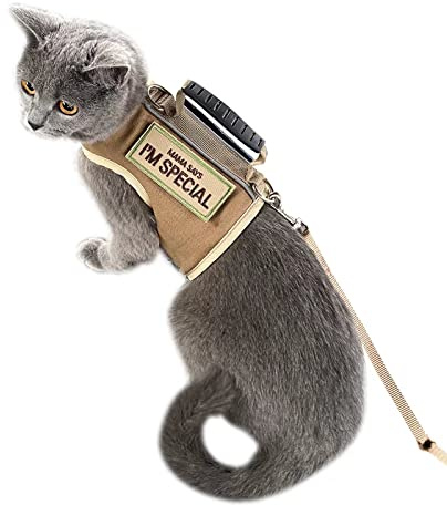 Tactical Cat Harness and Leash for Walking Escape Proof, Adjustable Cat Walking Jackets, Padded Stylish Cat Vest, Khaki, Medium