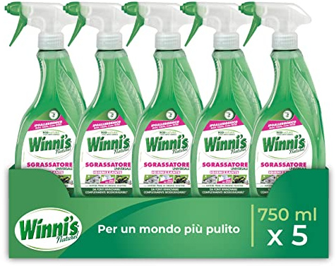 Winni's - Sgrassatore Spray Universale Multisuperficie Ipoallergenico, Azione Sgrassante e Pretrattante Contro le Macchie, con Materie Prime di Origine Vegetale, 750 ml x 5 Confezioni