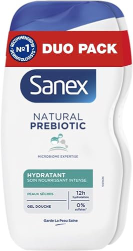 SANEX - Natural Prebiotic Hydratation Gel douche - Peau Sèche - Nettoie en Douceur - Nourrit en Profondeur - Complexe Prébiotique & Postbiotique - Hydratation 12h - Sans Sulfate* - 425mL x2