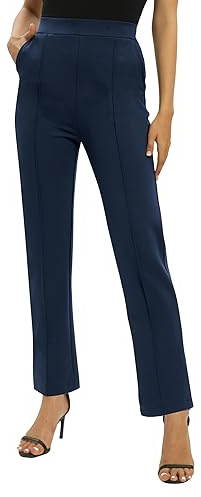 EXCHIC Donne Ufficio Casual Elastico Alta Vita Gamba Dritta Pantaloni con Tasche(L, Blu Navy)