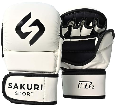 SAKURI MMA Sparring Gloves, Maya Hide Leather, White Grappling Martial Arts Training Mitts, Cage Fighting Combat, Muay Thai, Kickboxing, Boxing (L-XL, White)