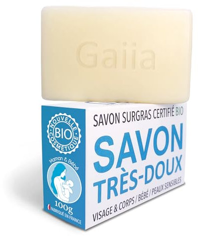 Gaiia - Savon Très Doux, sans parfum, Surgras et glycériné, saponifié à froid, corps et visage. 100 grammes.