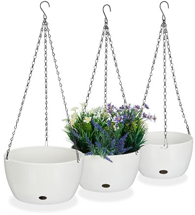 Relaxdays Juego de 3 cestas Almacenamiento Pack 3 Macetas Colgantes con Depósito de Agua, 3 Tamaños, Maceteros Interior y Exterior Autorriego, Blanco, Acero, 67 x 28,5 cm