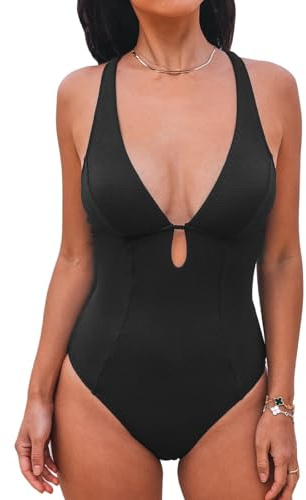 CUPSHE Women's One Piece Swimsuit Deep V Neck Bathing Suit Keyhole Cutout O Ring Textured Swimwear, L Black