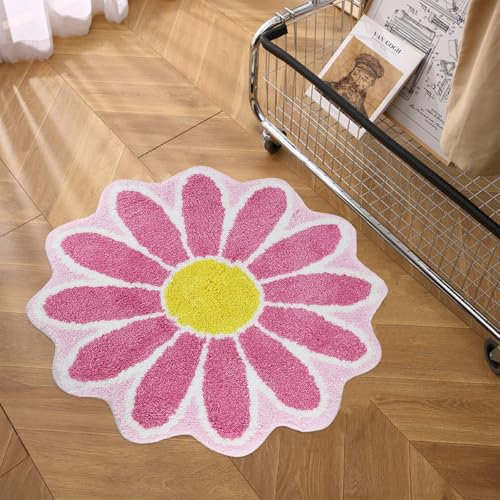 Bazasa Blume Badematte in Rosa Badteppich Schönheit Badematten Extra weiche Mikrofaser Badteppich Anti-Rutsch Maschine waschbar Blume Teppich für Dusche Badewanne