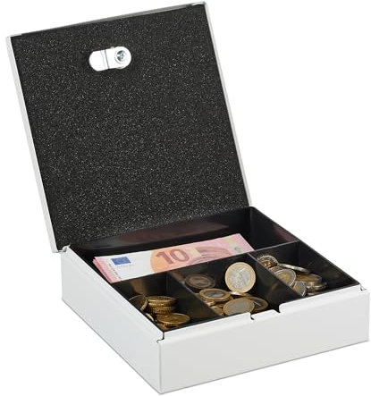 Relaxdays Geldkassette abschließbar, entnehmbarer Einsatz, 4 Fächer, Barkasse aus Eisen, HxBxT: 6 x 17 x 17,5 cm, weiß