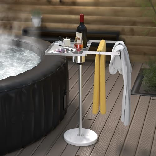 KES Outdoor Freestanding Towel Rail, 360° Swivel Hot Tub Table Tray with 2 Drink Holders, Height Adjustable Hot Tub Accessories, Fits Inflatable Spa/Pool/Hot Tubs, OTR201-2