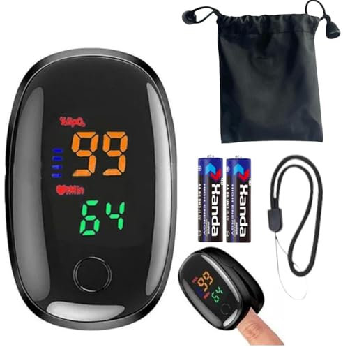 Oxymètre de doigt professionnel avec écran LED, étui et cordon, moniteur de fréquence cardiaque et SPO2, étui de protection, et piles inclus (noir)