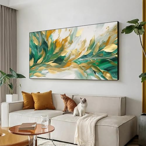 JACBON Foglie astratte dipinto a olio su tela decorazione artistica oro pianta verde dipinto fatto a mano decorazione da parete soggiorno grande arte da parete moderna 75x150cm senza cornice