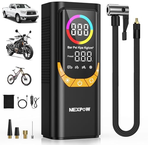 NEXPOW NP17 Portable Air Compressor, 150 PSI Digital Tire Inflator, Fast Inflation with Auto Shut-Off, LED Light, Multiple Nozzles for Car, Bike, and Ball, Compact Design, Yellow