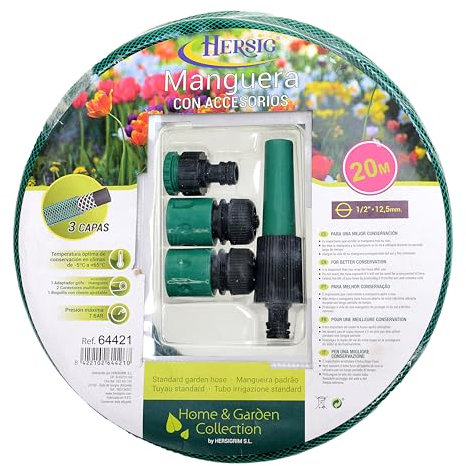 HERSIG - Manguera Jardin - Manguera Jardin 20 Metros (Verde 3/4” Ø19 mm) - Mangueras de Agua con 3 Capas - Presión 7 BAR - Mangueras de Jardín Flexible y Resistente con Accesorio - Uso Exterior