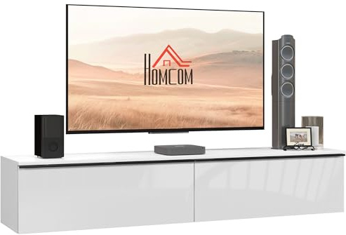 HOMCOM Mobile TV con Design Lucido a Parete e Armadietti con Ante a Ribalta, Tavolino Basso da Salotto in Legno, 160x35x30 cm, Bianco