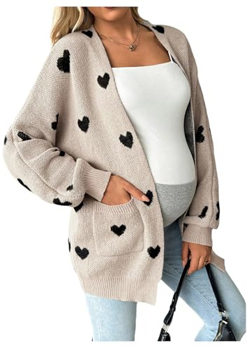 MakeMeChic Women's Maternity Sweater Cardigan Heart Print Long Sleeve Open Front Cute Coat Multicolor Large
