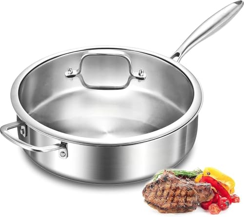 Nontoxicook Tri-Ply Stainless Steel Saute Pan with Lid, 28cm(5.2L) Deep Frying pan, Induction Large Skillet, Jumbo Cooker, Efficent Fast Even Heating Cooking Pan, Oven Safe