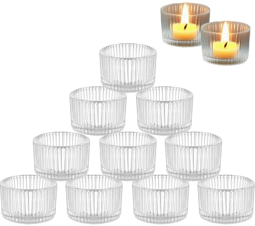 Portavelas de Té de Cristal, 5 cm x 3,5 cm, Juego de 12 Portavelas de Té Transparentes de Cristal, Porta Velas Pequeñas, para Decoración de Mesa, Navideñas, Bodas, Fiestas, Hogar, Transparente