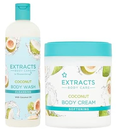 Extracts Body Care Coconut Collection Set, Body Wash 500ml and Body Cream 475ml, with Coconut Oil for Cleansing and Softening