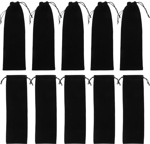 POPETPOP 12 St Svart Velvet Drawstring Bags för Bestick och Sugrör Förvaring Långsmala Multifunktionella Förpackningspåsar för Skola och Resor