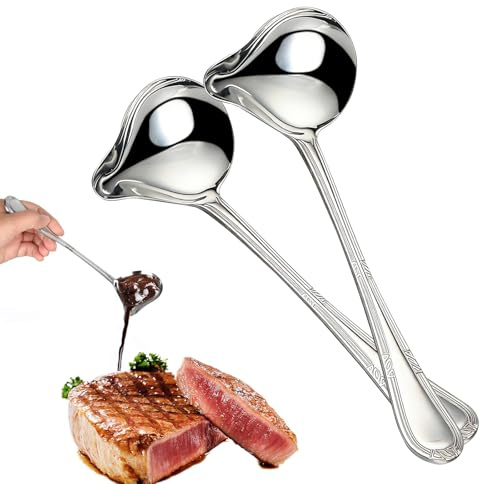 2 stycken soppslev rostfritt stål, 20 cm såsskedar med lutande hällhäll, slev för soppor, dressingar, grytor och såser (silver)