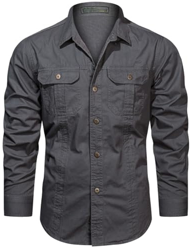 Hombre Camisas de Trabajo de Algodón, Ropa de Militar de Manga Larga con Botones,Cargo Shirts, 2 Bolsillos, Regular Fit para Pesca, Tala, Senderismo, Caza，Gris，XXL