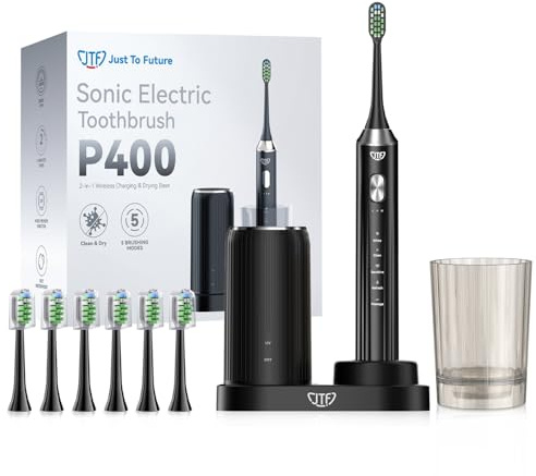 JTF Cepillo de Dientes Eléctrico Sónico con Limpieza y Secado UV, Estación de Carga Inalámbrica, 5 Modos de Limpieza, 6 Cabezales de Repuesto, Vaso Incluido y Resistente al Agua IPX7 (Negro)