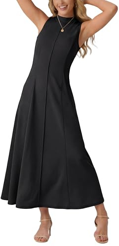 GRECERELLE Vestido midi de cuello alto para mujer, sin mangas, vestido de verano para mujer, elegante, acampanado, casual, con bolsillos, para el trabajo, vacaciones y fiestas