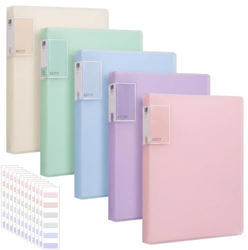 A4 Display Folder with Plastic Sleeves, 60 Pockets Display Book for Paperwork, 5 Pack Project Presentation Folders with 60 Index Stickers, Document Organiser for School Office Home, Morandi Colors