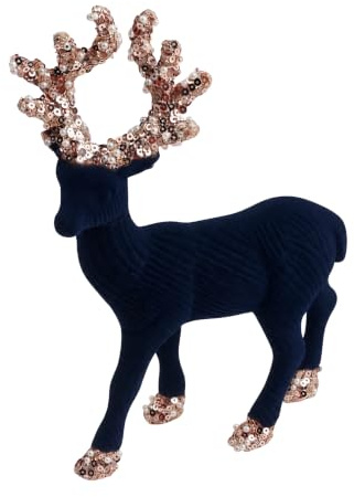 Christmas Velvet Reindeer Figurine 20cm Midnight Blue with Glitter Antlers | Soft Velvet Flocked Finish, Sequin Glitter Antlers, for Christmas Table, Mantel, Shelf, Living Room and Home Décor Display