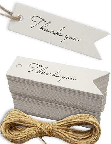 HOMETOOLS.EU® 100 Kraft-Papier Geschenk-Anhänger Thank you Label, 7 x 2 cm, weiß, mit Jute-Schnur