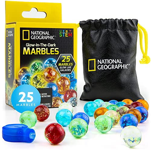 NATIONAL GEOGRAPHIC Glow in The Dark Marbles Refill – 25 Glass Marbles That Glow in The Dark, Includes Storage Pouch & UV Light, Marble Runs for Kids, Building Toys, Science Toys