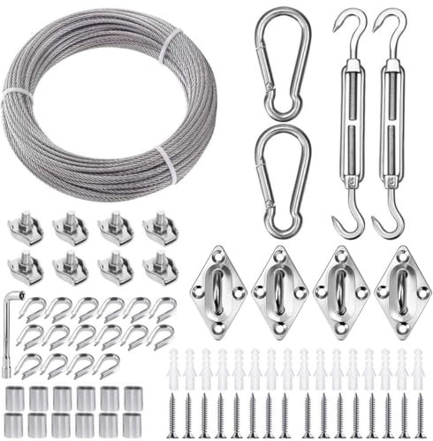 TooTaci 3mm Wire Rope Kit, 3mm PVC Coated Stainless Steel Cable, 15M/3mm Steel Cable Rope 7×7 Strand, Turnbuckle Wire Tensioner, for Outdoor Lights Hanging, Fencing, Sun Sail Fixing