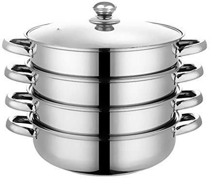 Taylor & Brown 4 Tier Steamer Three Piece Stainless Steel Steamer Pan Set with Non Stick Base Multi Cooker Pot Set Pan Cook Food Glass Lid Dishwasher Safe