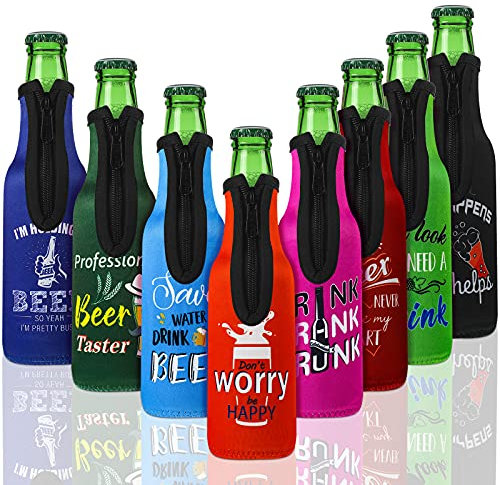 Perthlin 8 Piece Summer Beer Bottle Insulator Sleeve with Zipper Neoprene Insulated Jackets Keep Warm and Cold Beer Bottle Sleeves with Stitched Fabric Edges for Party